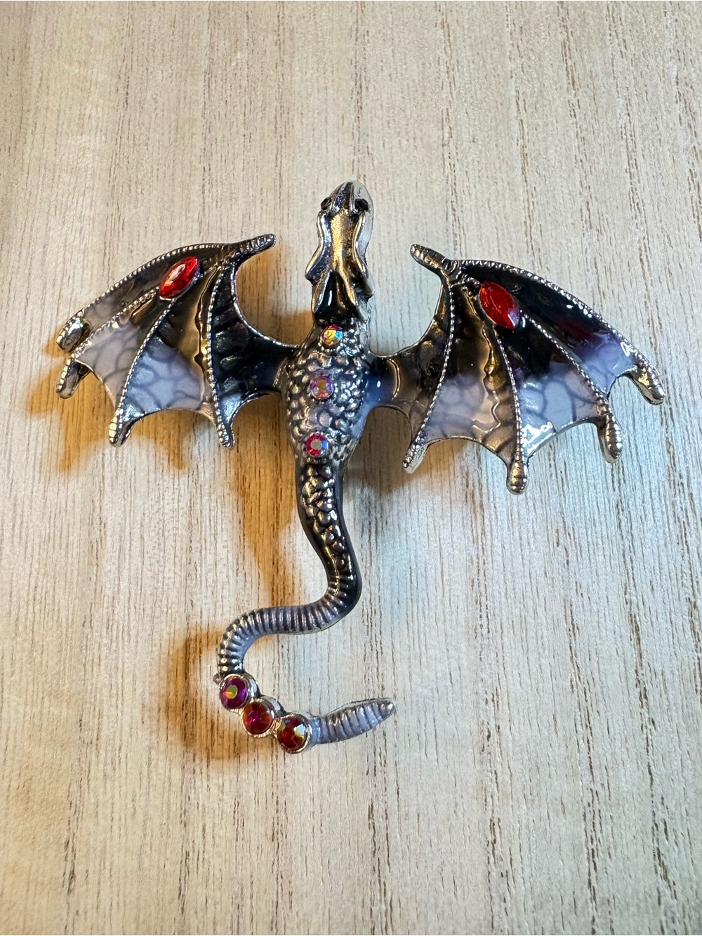 Silver Dragon Brooch with Red Gem Accents